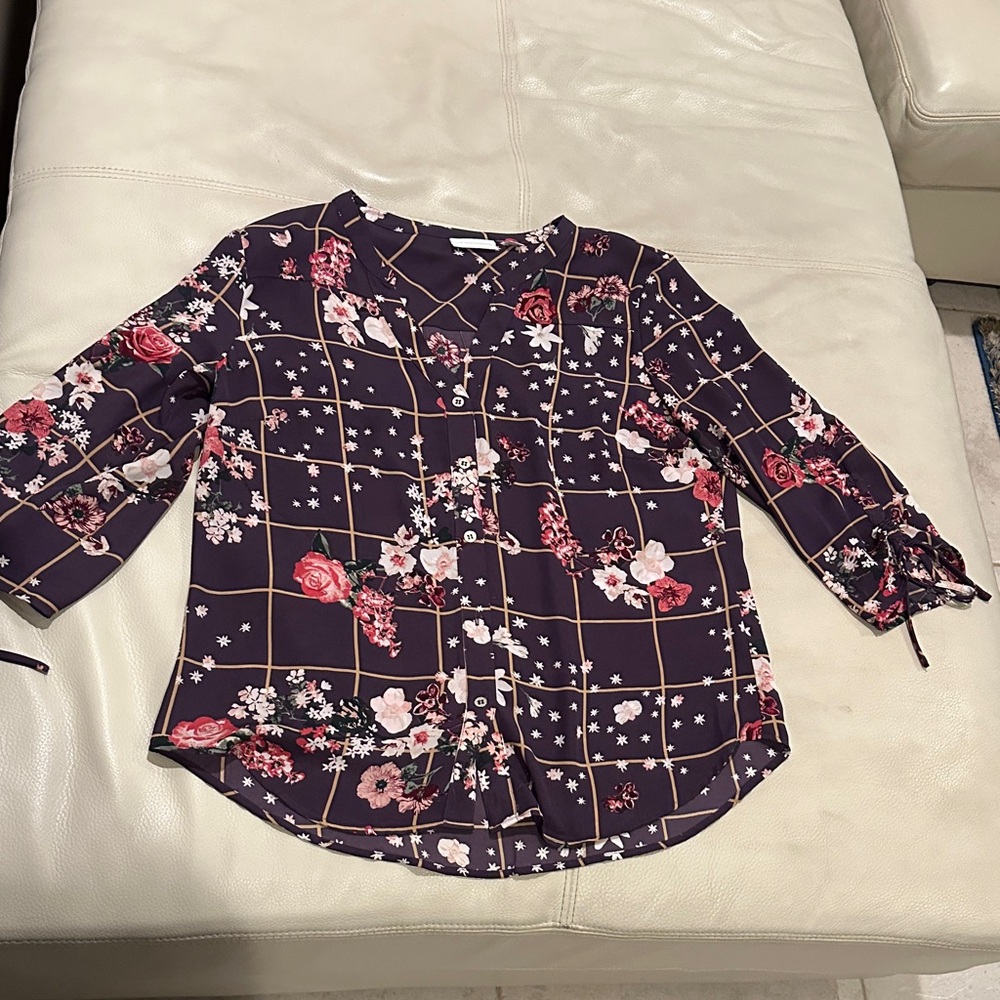 New York & Company Navy Floral Blouse with Pink Accents
